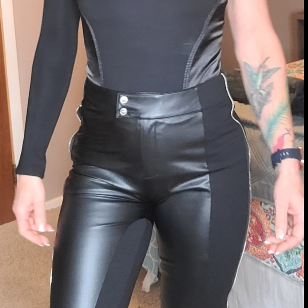 Vegan leather pant with zipper and buckle detail
